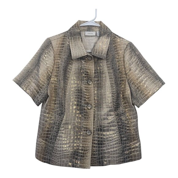 Chicos Women Metallic Croc Short Sleeve Button-Up Jacket SZ 2 US L Gold-Silver - Picture 10 of 12
